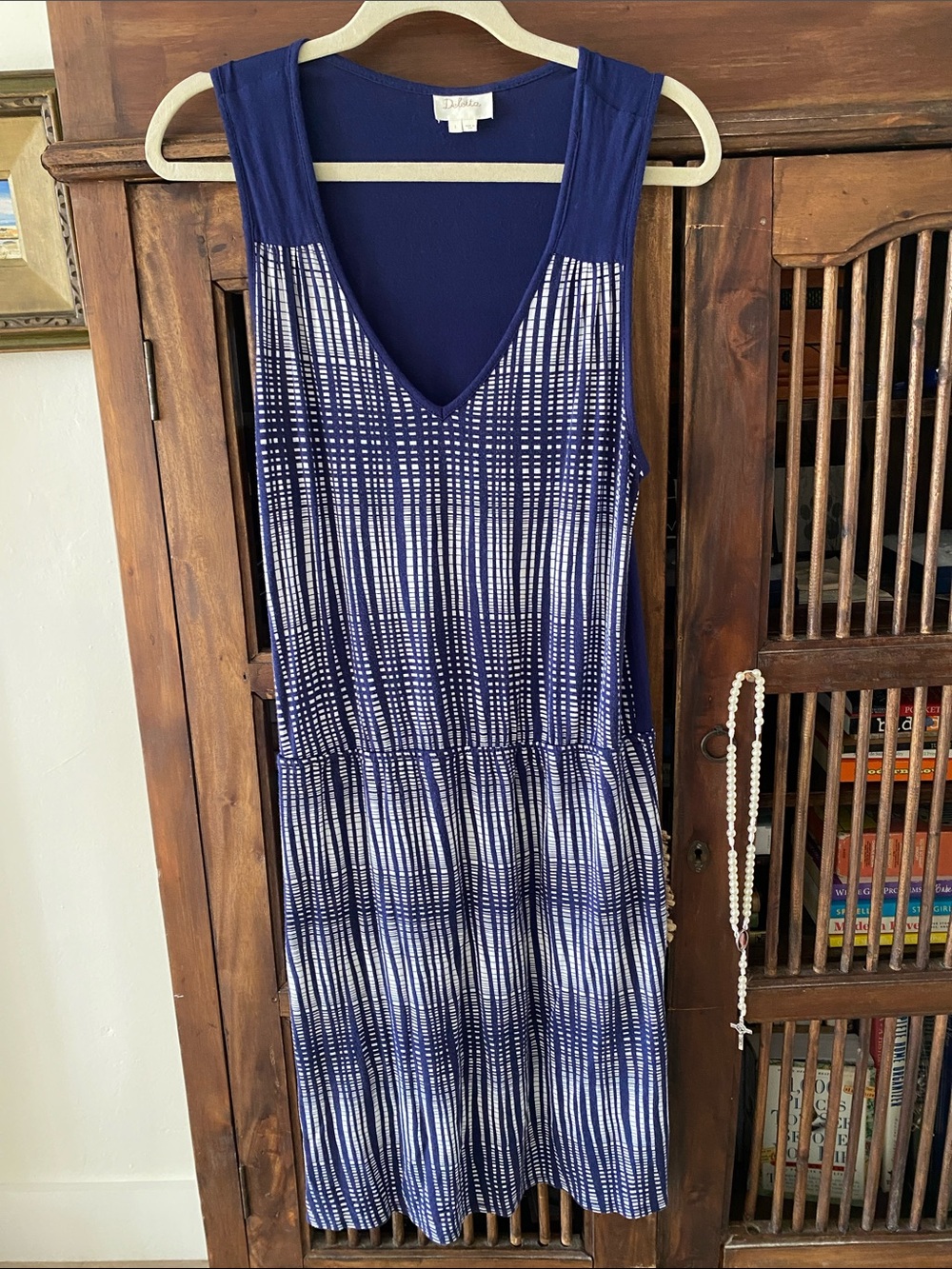Anthropology Deletta Navy Patterned Sleeveless V-Neck Dress Size Small